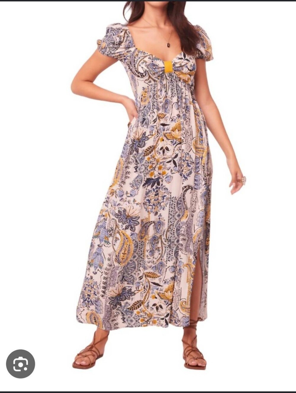 Floral Paisley Maxi Dress in Cream and Blue Size S